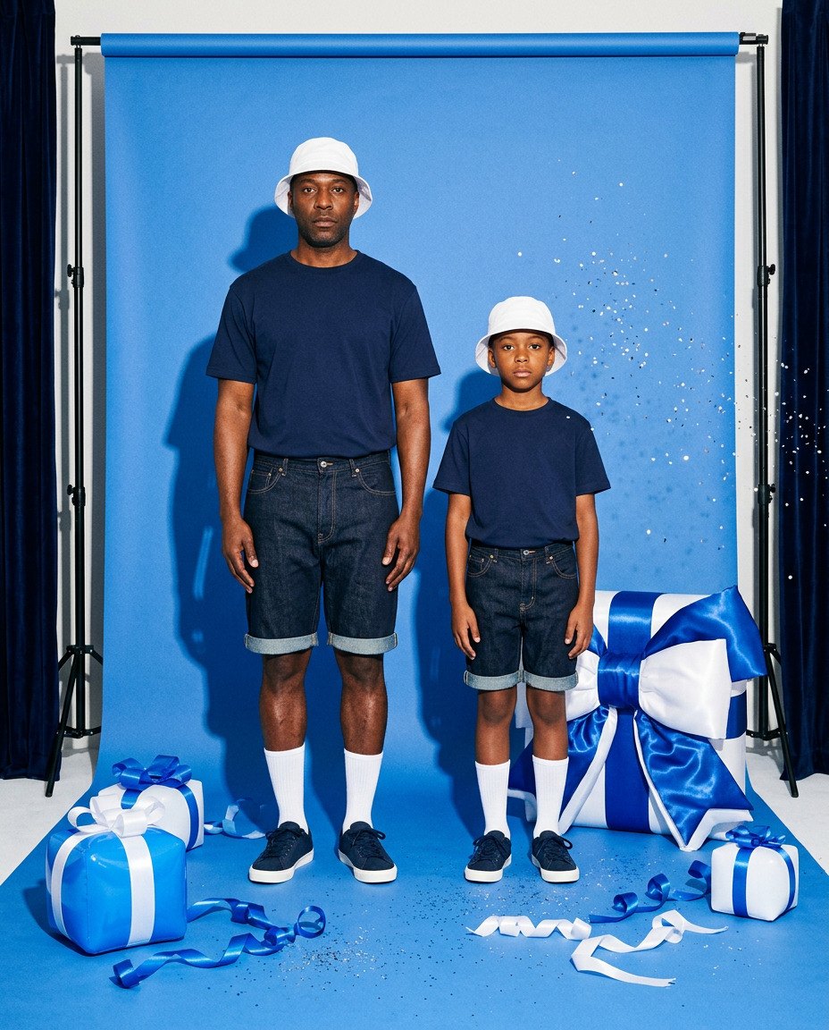 A father and son in matching navy tees, denim shorts and white bucket hats on a blue backdrop with blue and white gifts