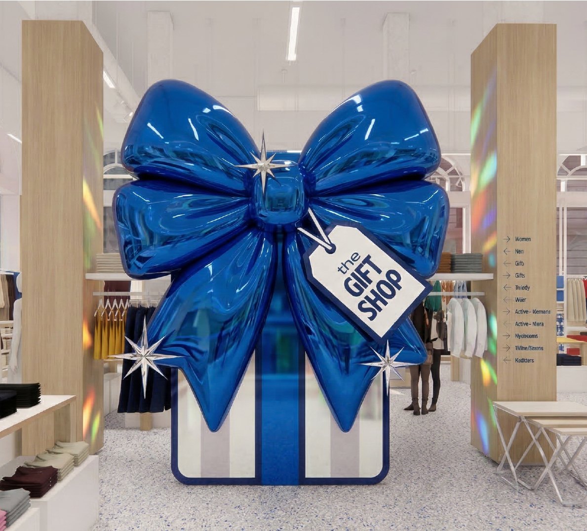 Store concept: a glossy blue bow gift sculpture branded The Gift Shop