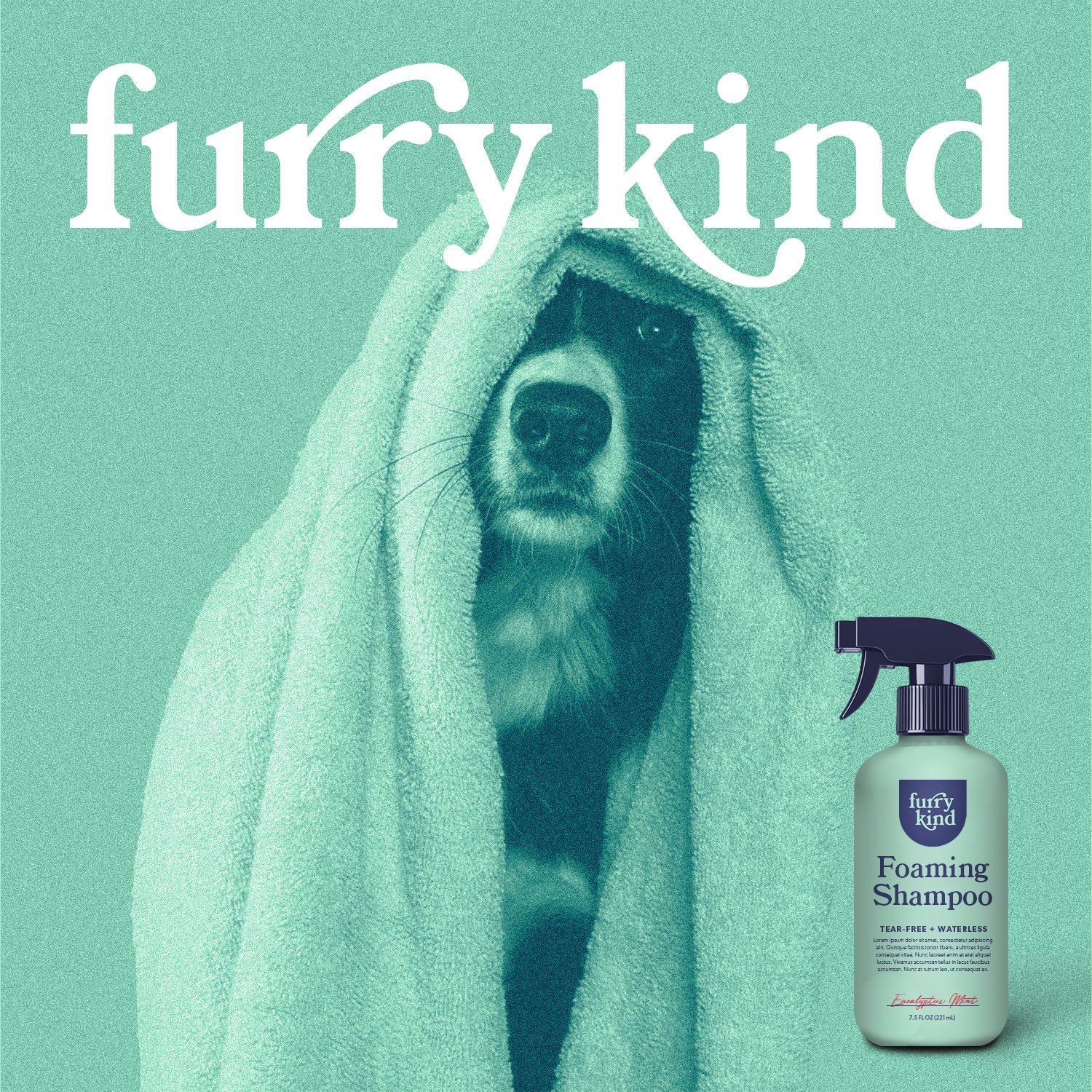 A dog wrapped in a mint towel under the furry kind wordmark, beside a Foaming Shampoo bottle