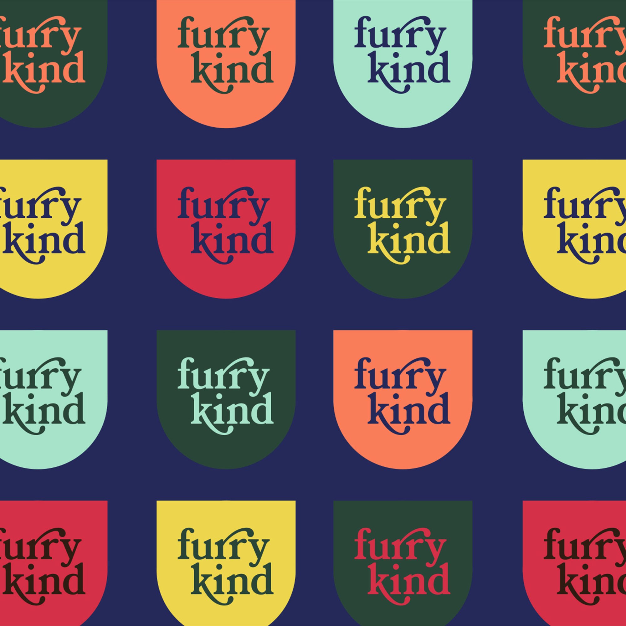 The crest repeated in coral, mint, yellow, red and green on navy