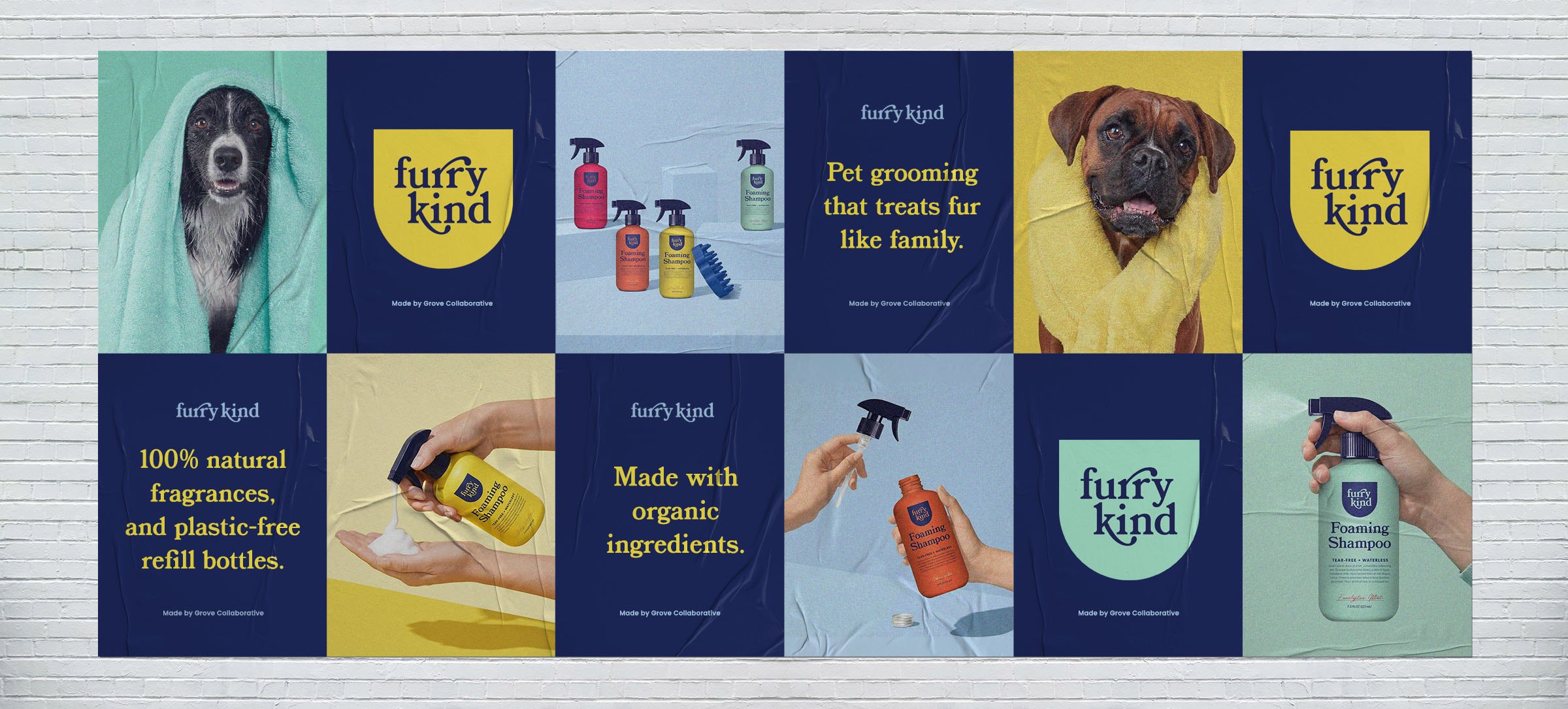 A wall of posters: dogs, bottles and lines like Pet grooming that treats fur like family