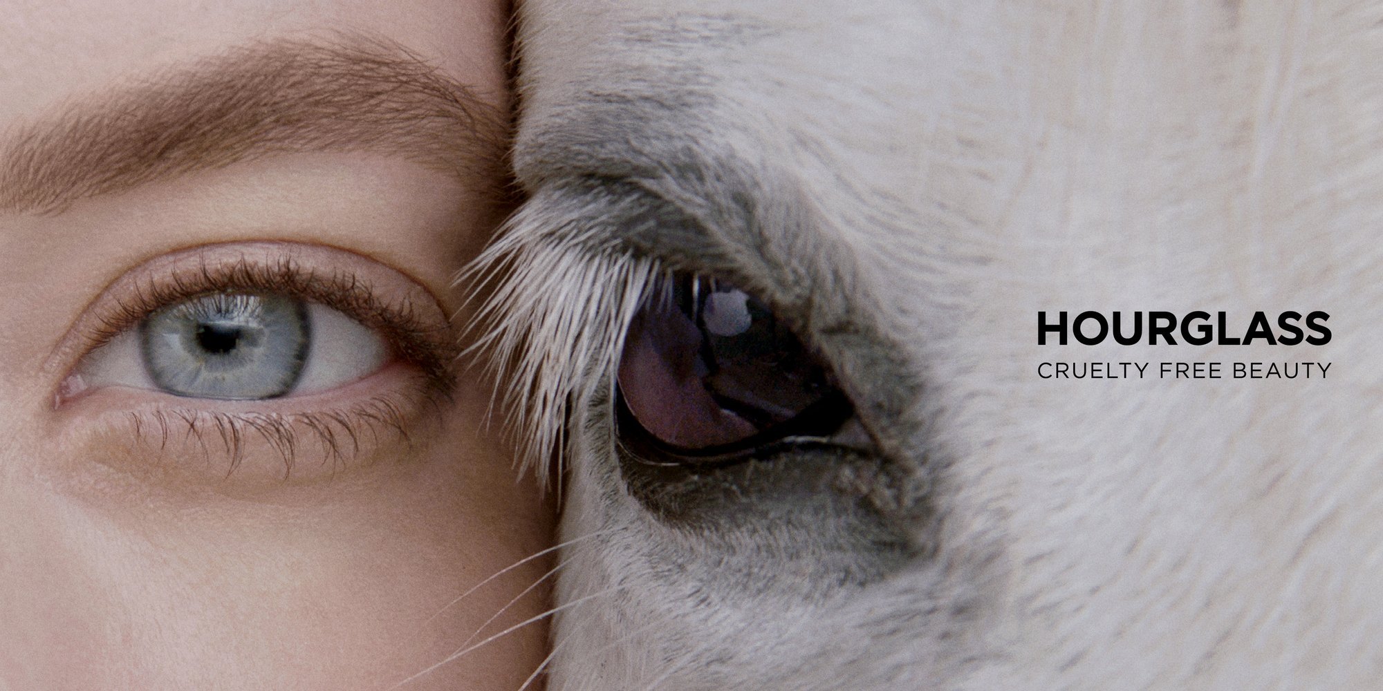 A model’s blue eye beside a white horse’s eye, signed HOURGLASS CRUELTY FREE BEAUTY