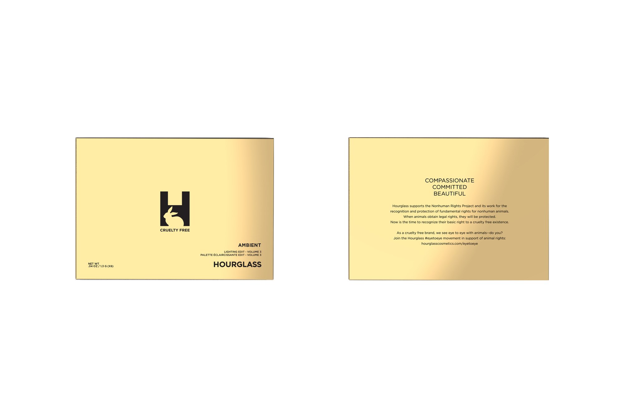 Two gold boxes: the H with the rabbit on the front, Compassionate, Committed, Beautiful on the back