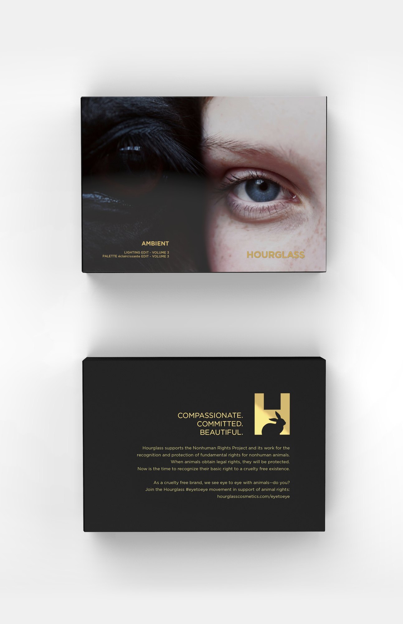 Two boxes: the horse and human eyes on the front, a gold H with a rabbit and the words Compassionate, Committed, Beautiful on the back