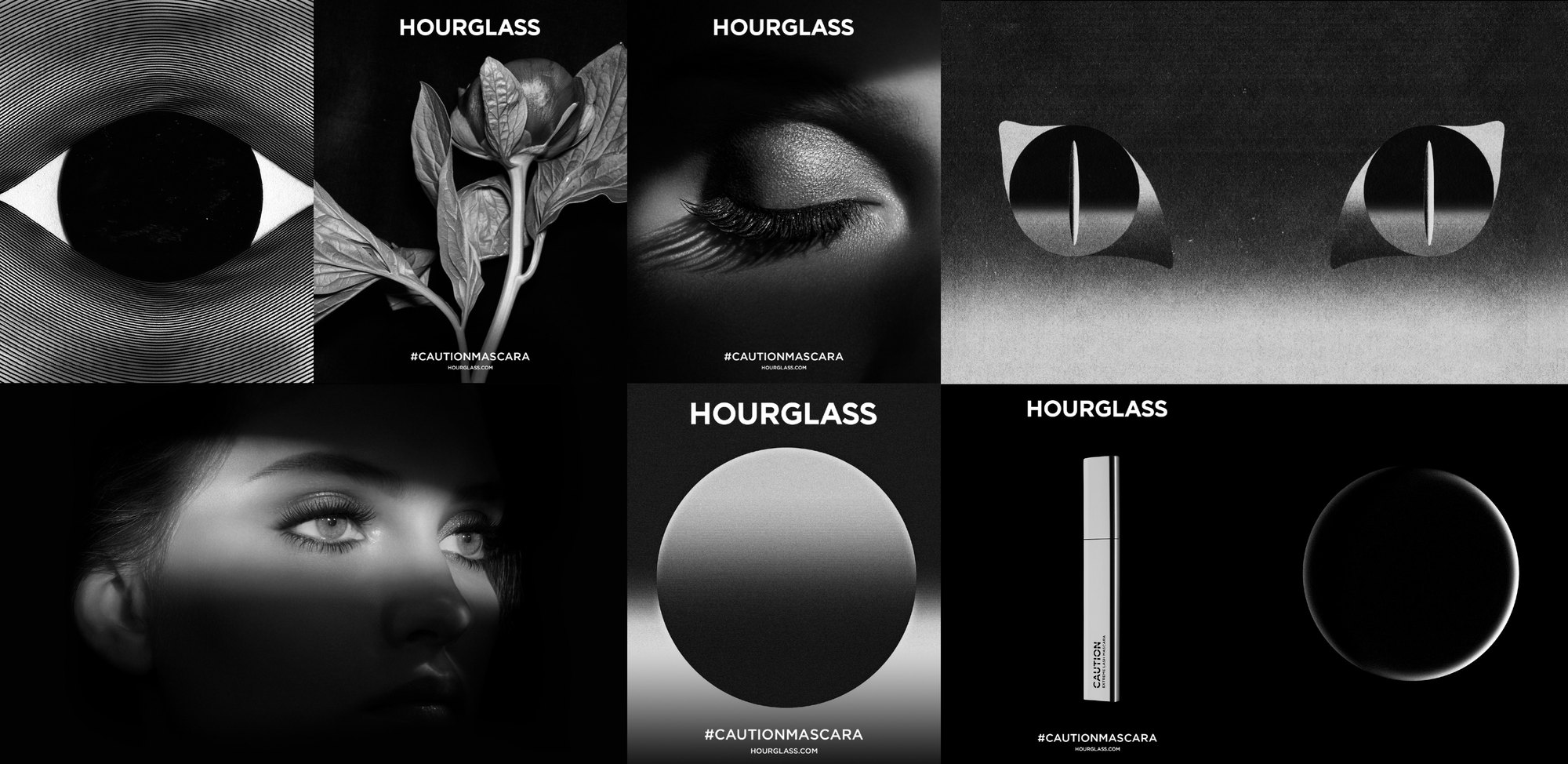 Grid of art posters: op art eyes, a silver flower, a closed eye, a face in shadow and a gradient moon