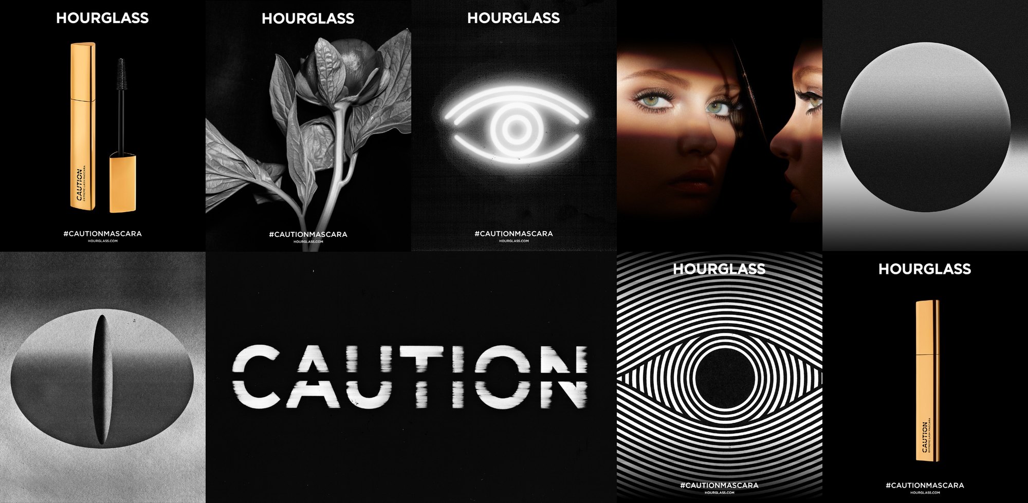 Grid of square and double posters: the gold mascara, a silver flower, a glowing eye, a split CAUTION and op art circles
