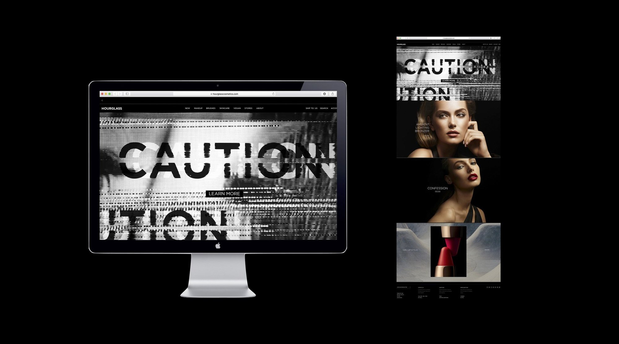The Hourglass homepage on a desktop screen, CAUTION in broken white type over a glitched image with a Learn more button, the full page beside it