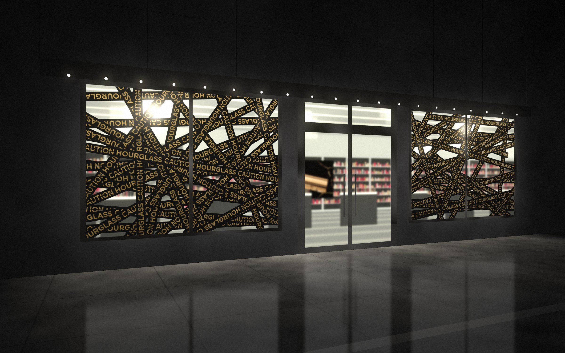 Mockup: a shopfront at night, its two display windows criss-crossed from inside with black tape printed HOURGLASS and CAUTION in gold, the lit store behind the glass
