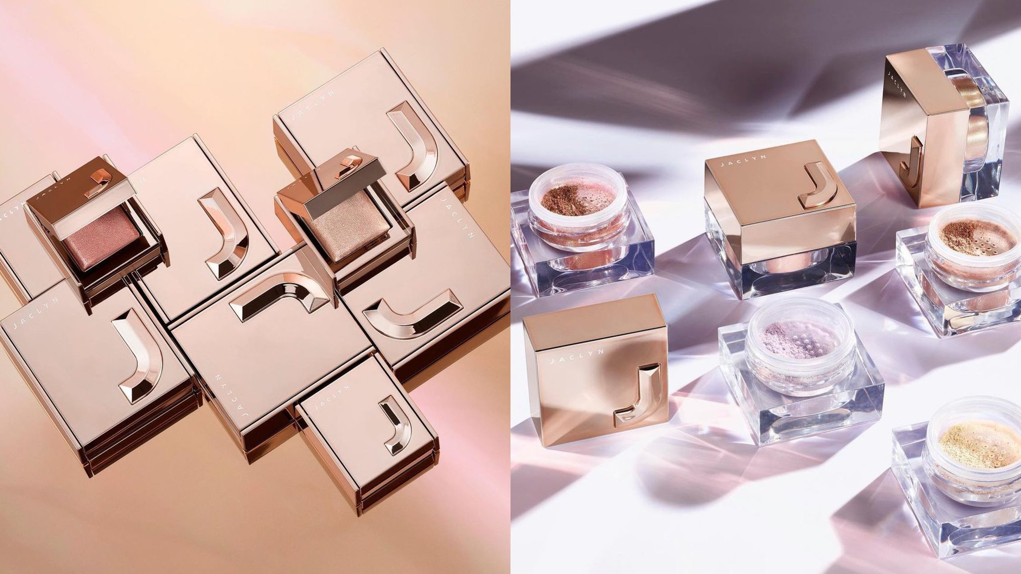 Rose gold J cubes and loose powder jars on mirrored surfaces