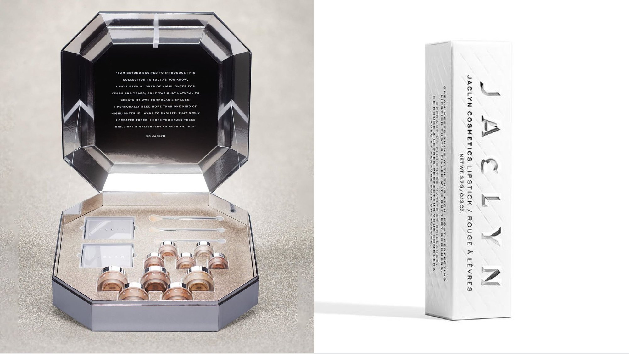 An octagonal highlighter kit opened like a jewel box, and the lipstick carton with the wordmark set vertically