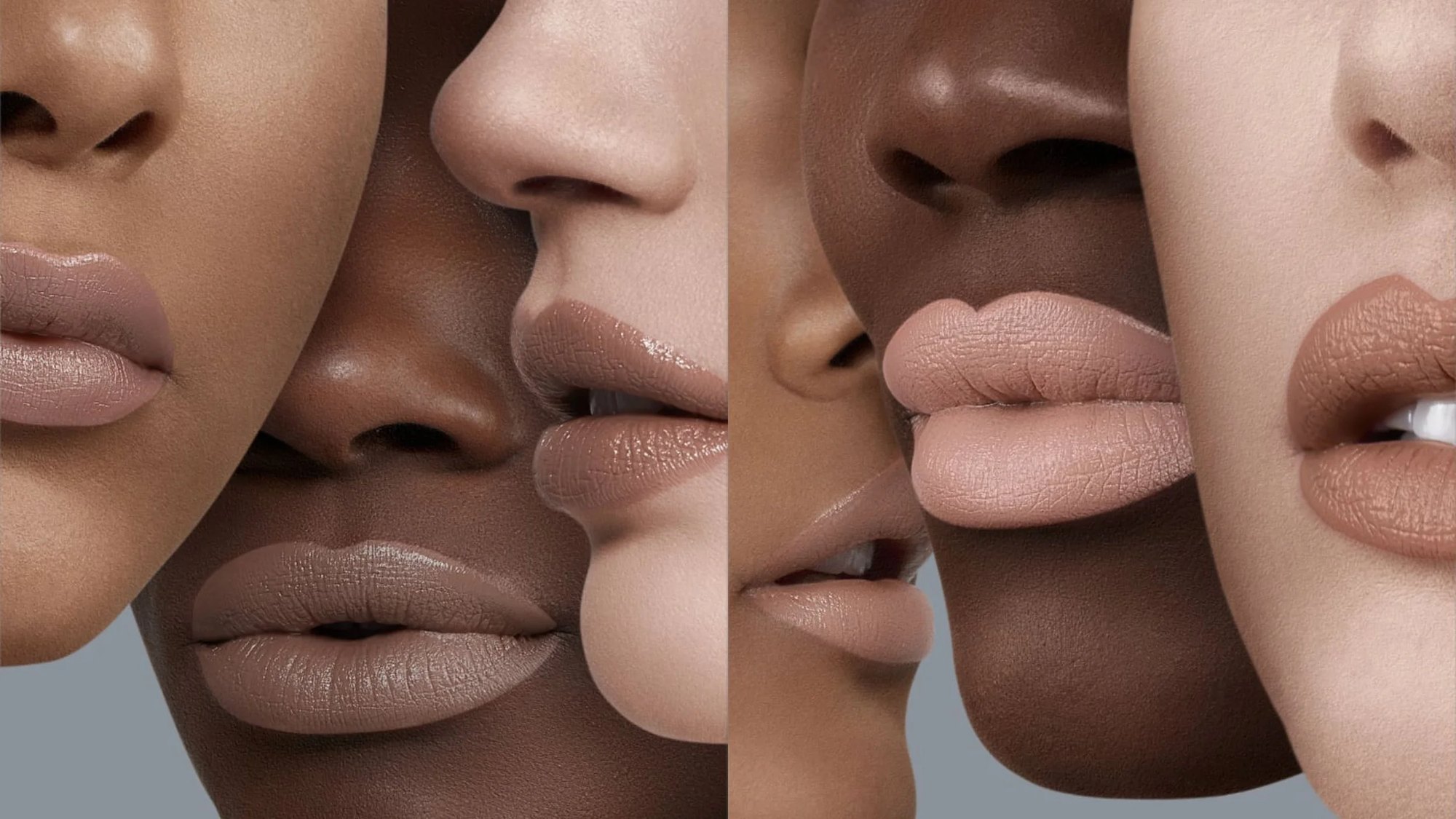Four close-up lips in the nude lipstick shades
