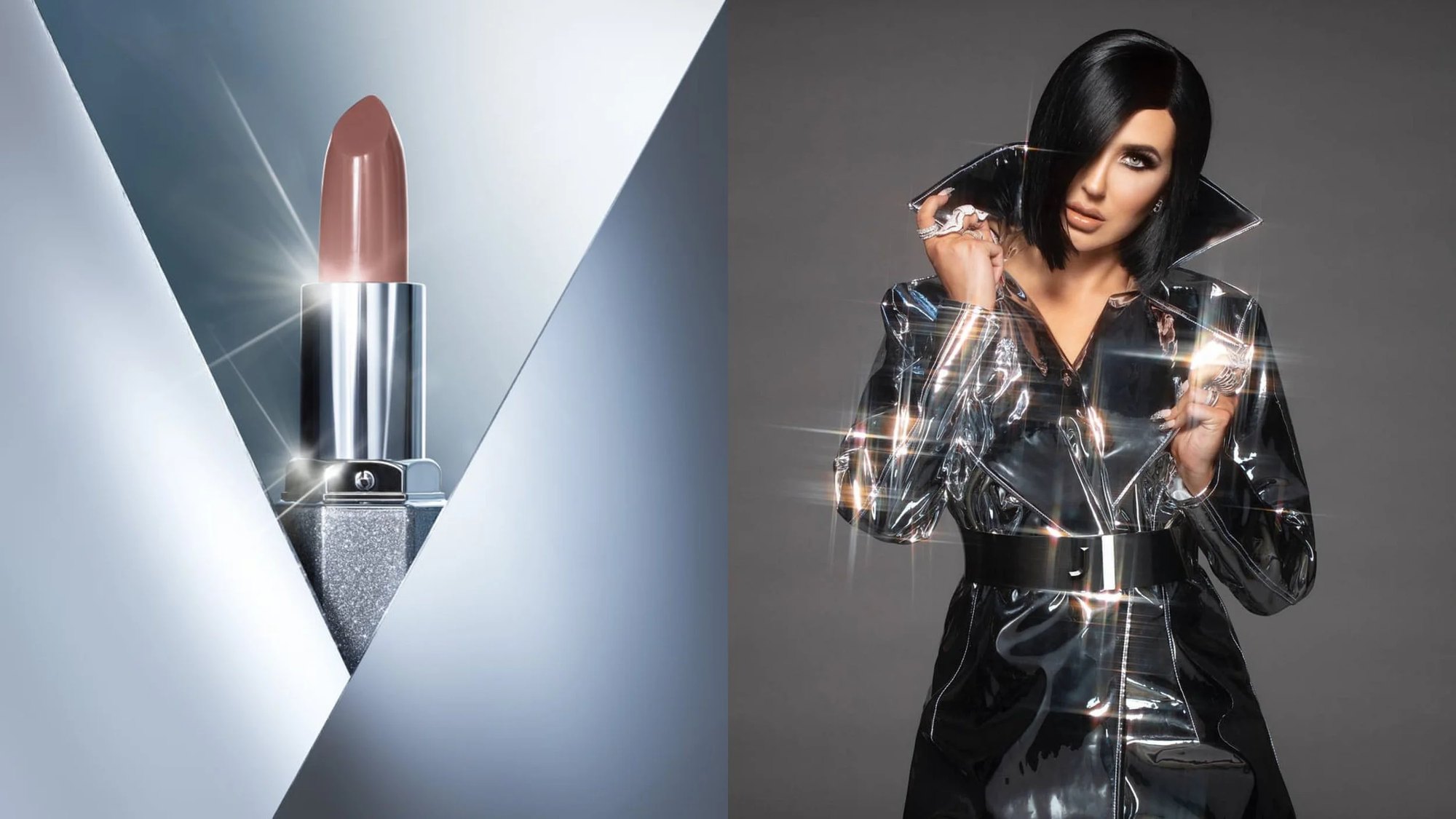 A nude lipstick on silver facets, and Jaclyn Hill in a clear vinyl coat