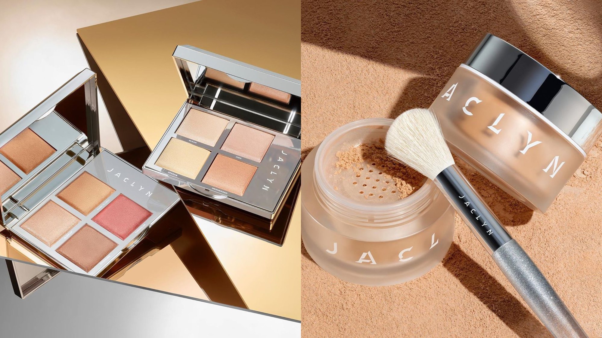 The highlighter palettes in rose gold and a frosted powder jar with brush