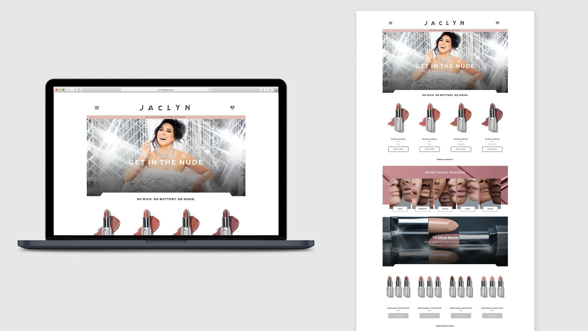 The Jaclyn Cosmetics site on a laptop and as a full homepage: Get in the Nude