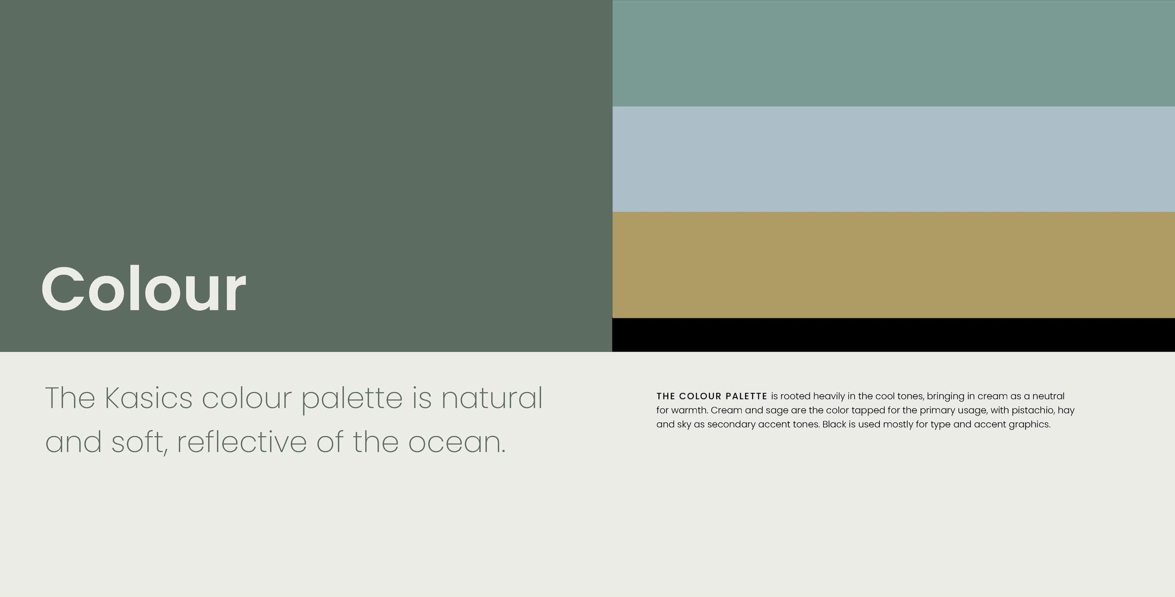 Color page of the brand style guide: a sage block beside bands of pistachio, sky, hay and black, with the line The Kasics colour palette is natural and soft, reflective of the ocean