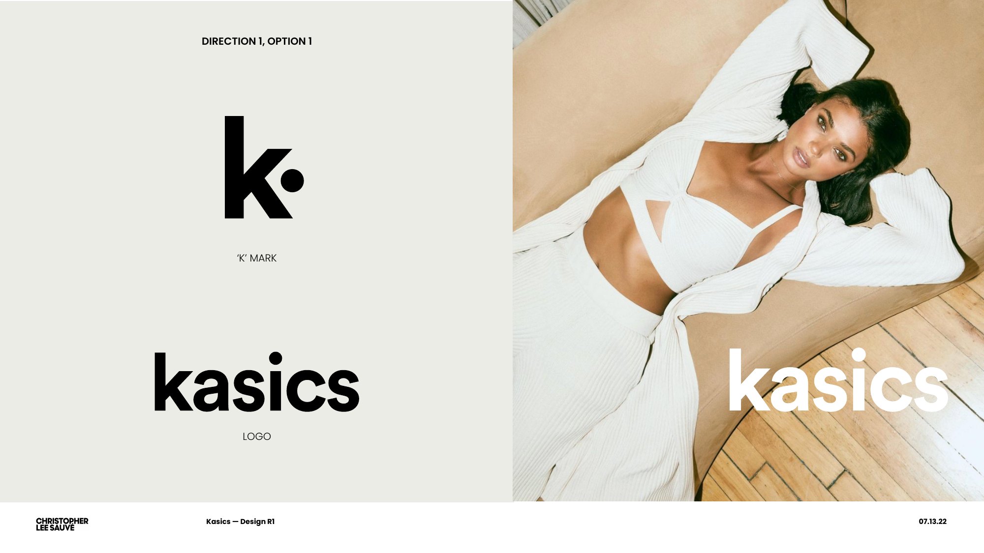Logo direction one: a bold k mark with a dot above a sans serif kasics wordmark