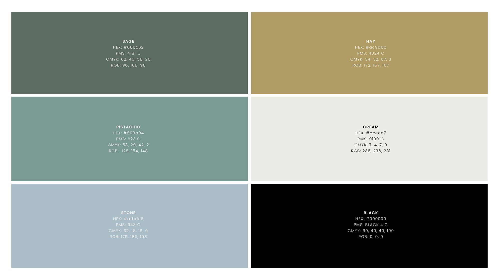 The Kasics palette: sage, hay, pistachio, cream, stone and black