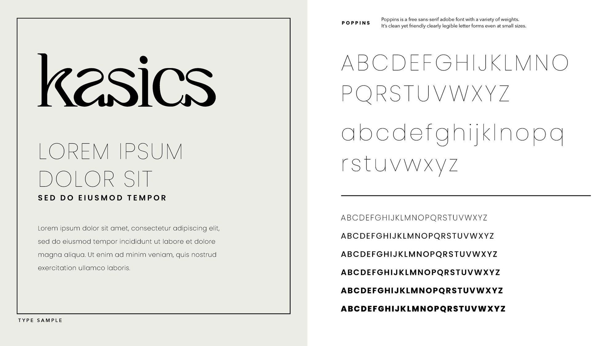 Type page: the kasics wordmark over a type sample, beside the Poppins alphabet in six weights