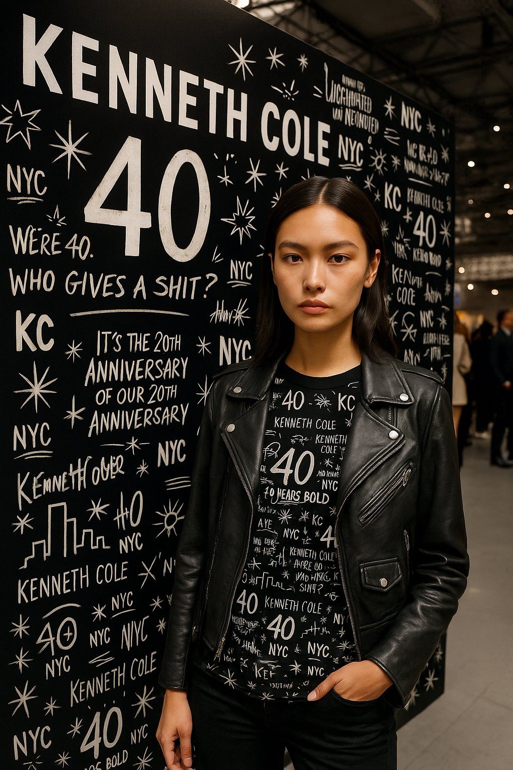 Model in a 40th anniversary lettering tee in front of a matching wall