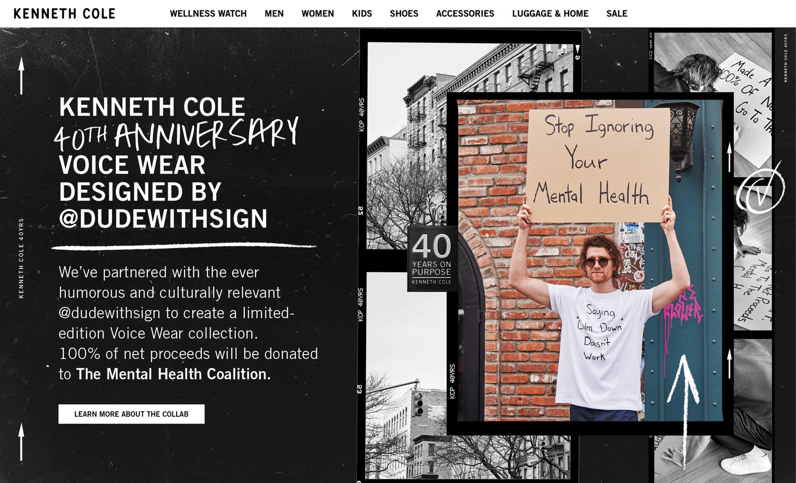 Kenneth Cole homepage: 40th anniversary Voice Wear designed by @dudewithsign, Stop Ignoring Your Mental Health