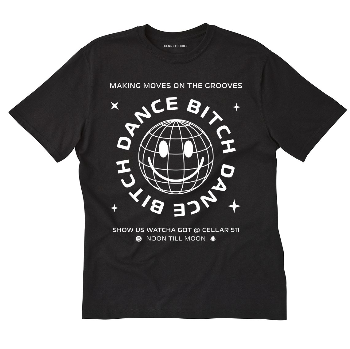 Black tee printed with the disco ball flyer