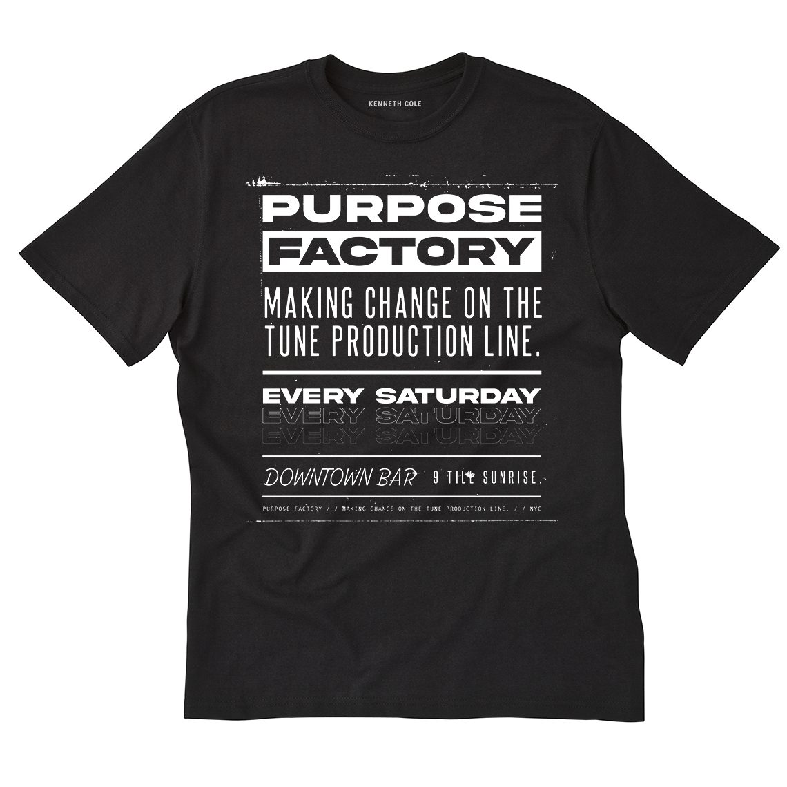 Black tee printed with the Purpose Factory flyer
