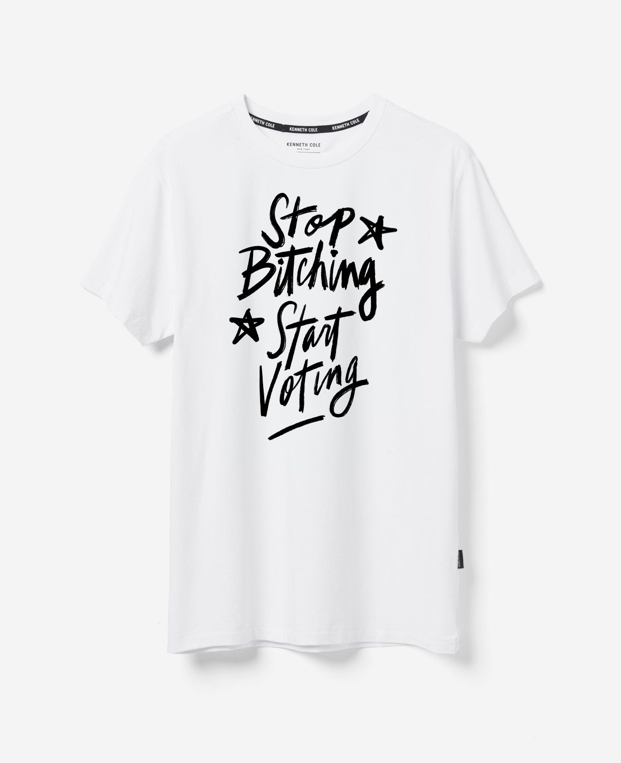 The hand-lettered line on a white tee