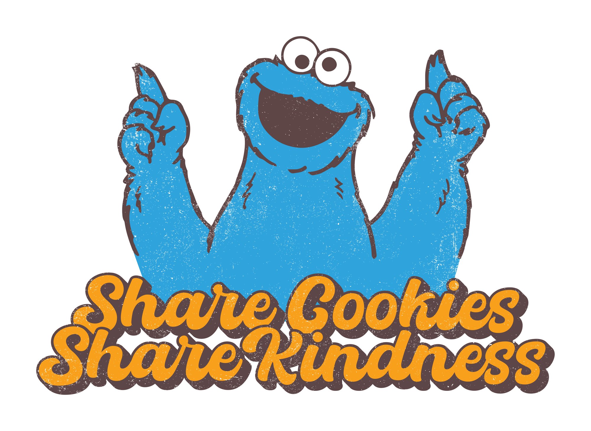Cookie Monster, hand-drawn, over the hand-lettered line Share Cookies Share Kindness