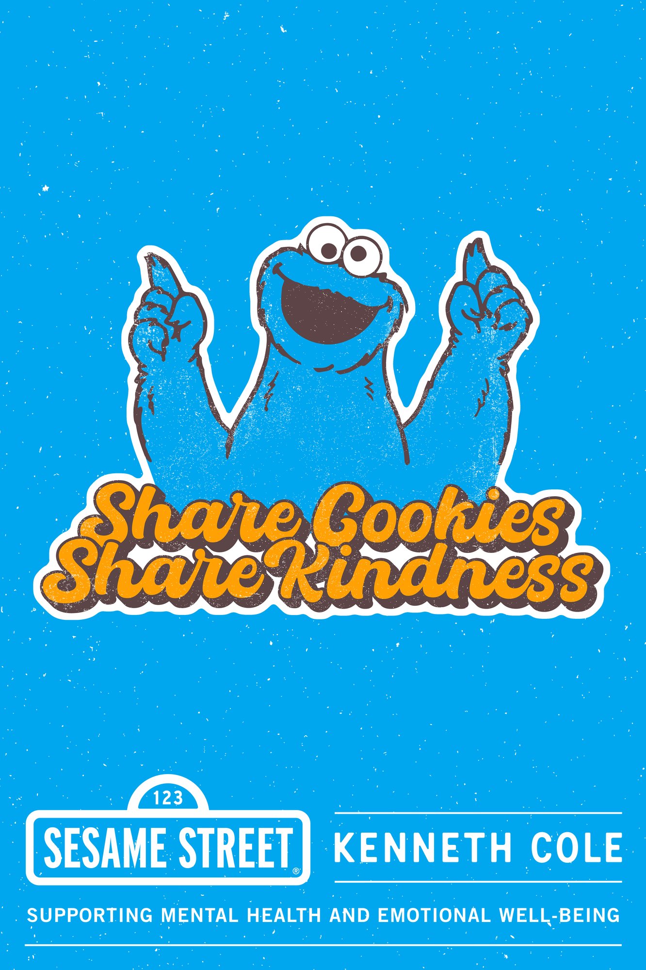 Blue poster: Cookie Monster, Share Cookies Share Kindness, over the Sesame Street x Kenneth Cole lockup