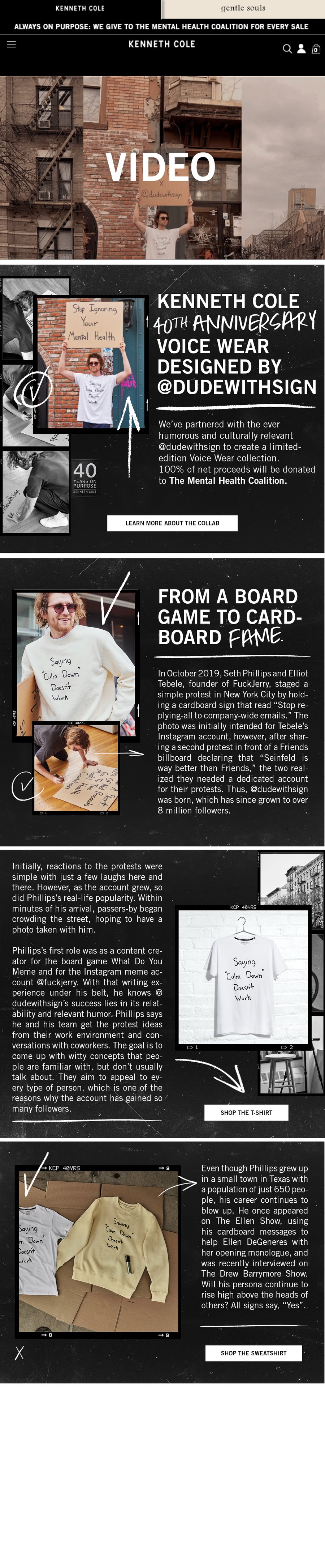 The Kenneth Cole x @dudewithsign landing page on mobile