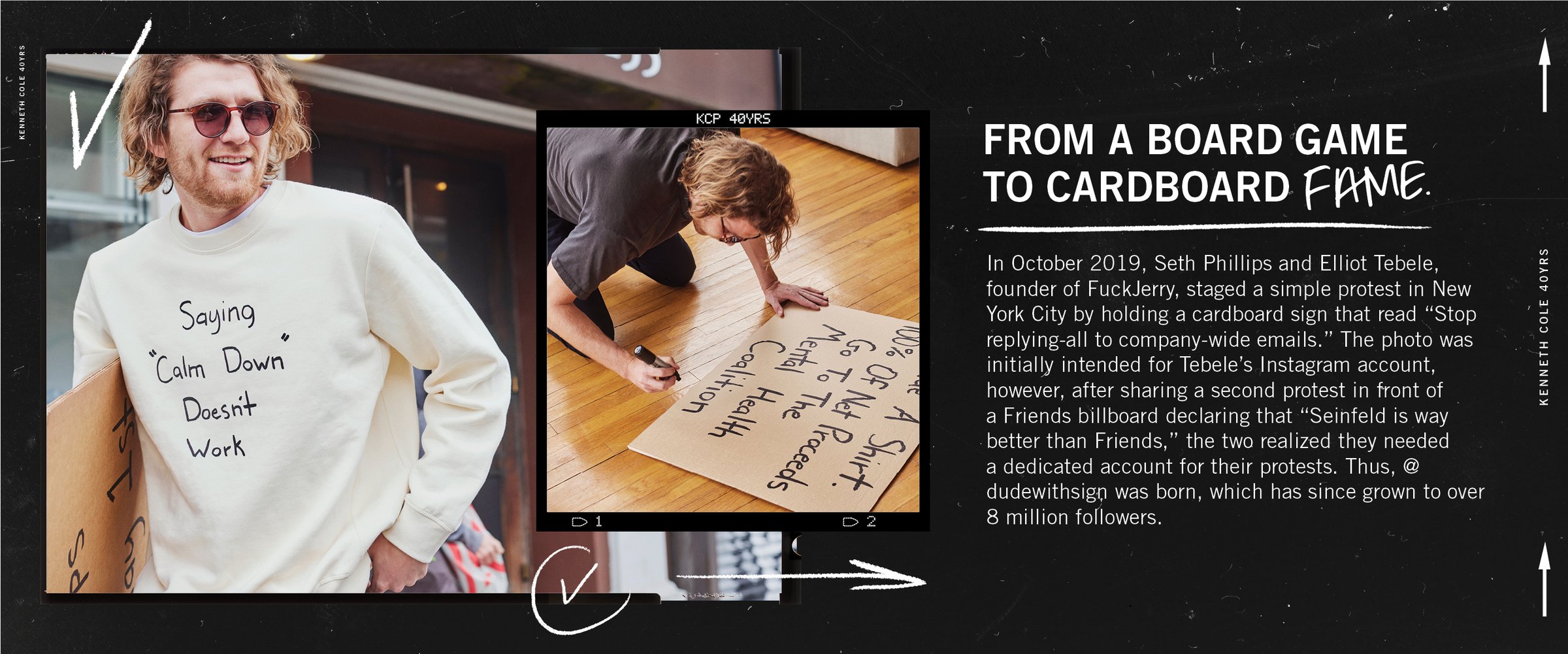 Landing page module: From a board game to cardboard fame, Seth Phillips lettering a sign on the floor beside the sweatshirt