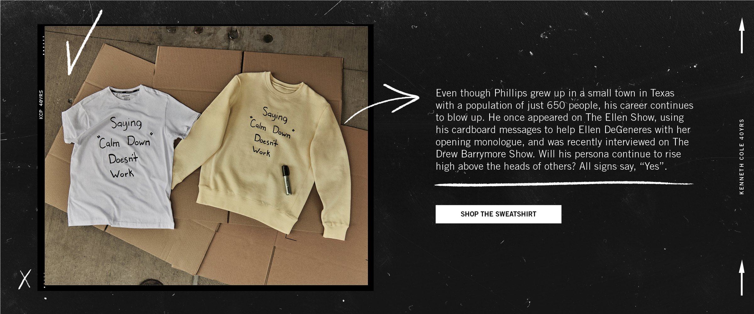 Landing page module: the Saying Calm Down Doesn’t Work tee and sweatshirt on flattened cardboard