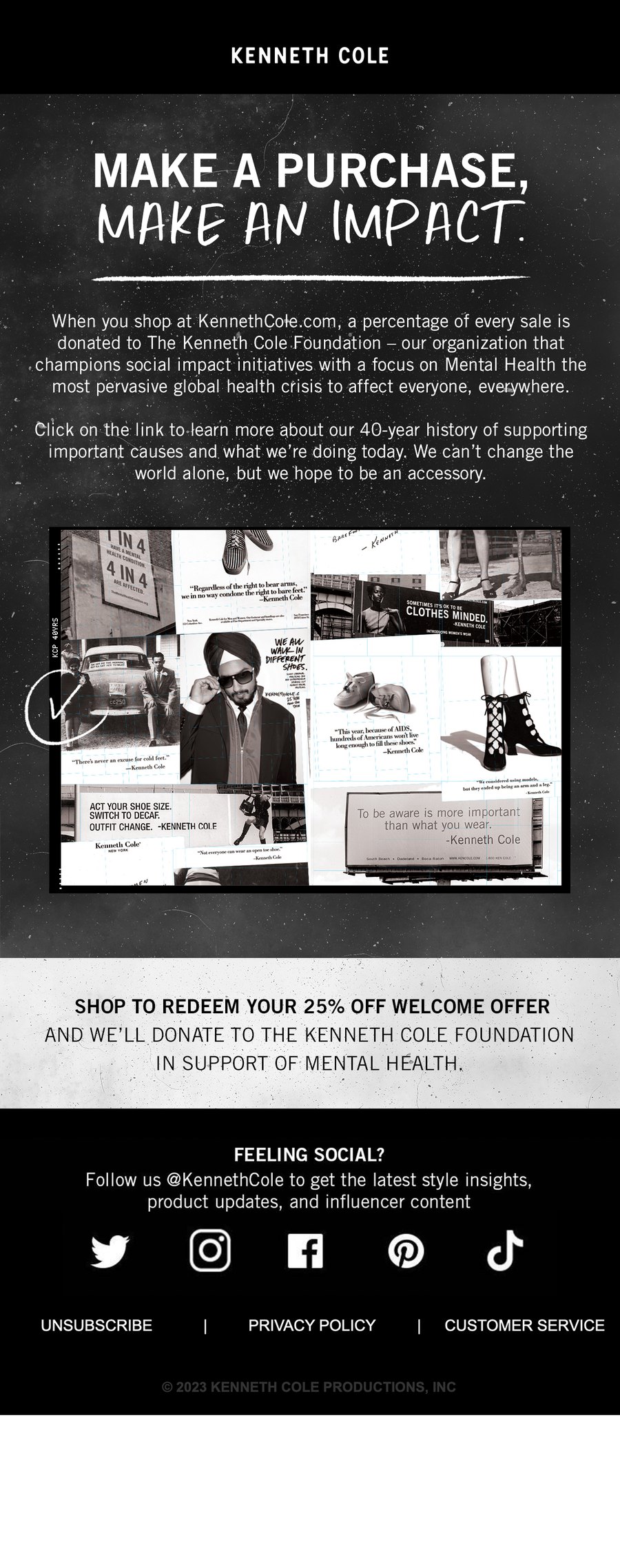 Kenneth Cole email: Make a purchase, make an impact, over a collage of archive Kenneth Cole ads