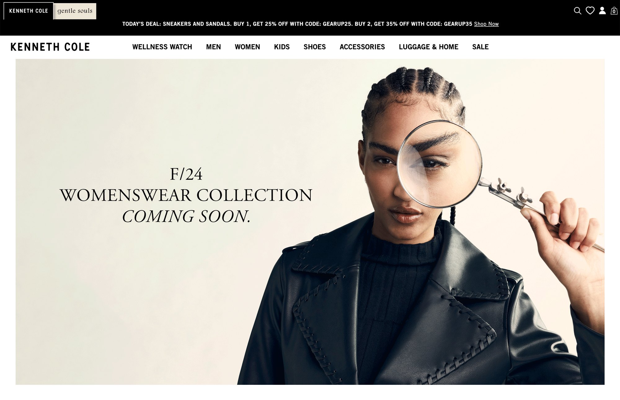 Kenneth Cole homepage: F/24 womenswear collection coming soon, a model behind a magnifying glass