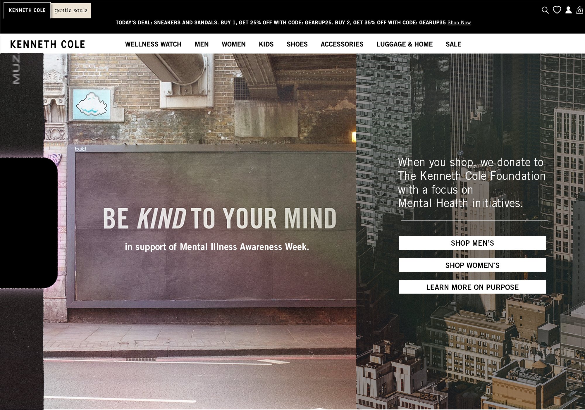 Kenneth Cole homepage: Be Kind To Your Mind, in support of Mental Illness Awareness Week