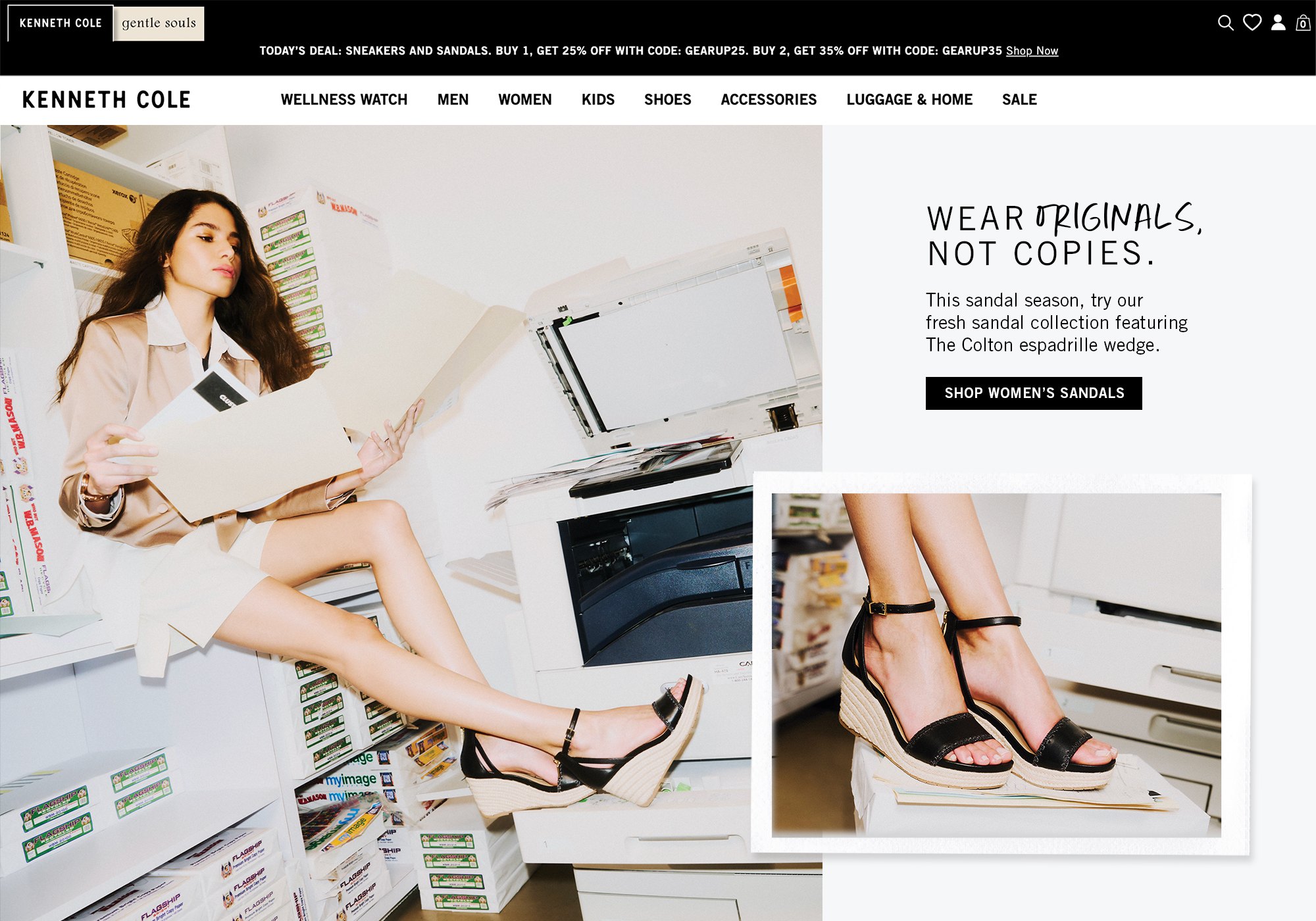 Kenneth Cole homepage: Wear originals, not copies, a model on a photocopier in espadrille wedges