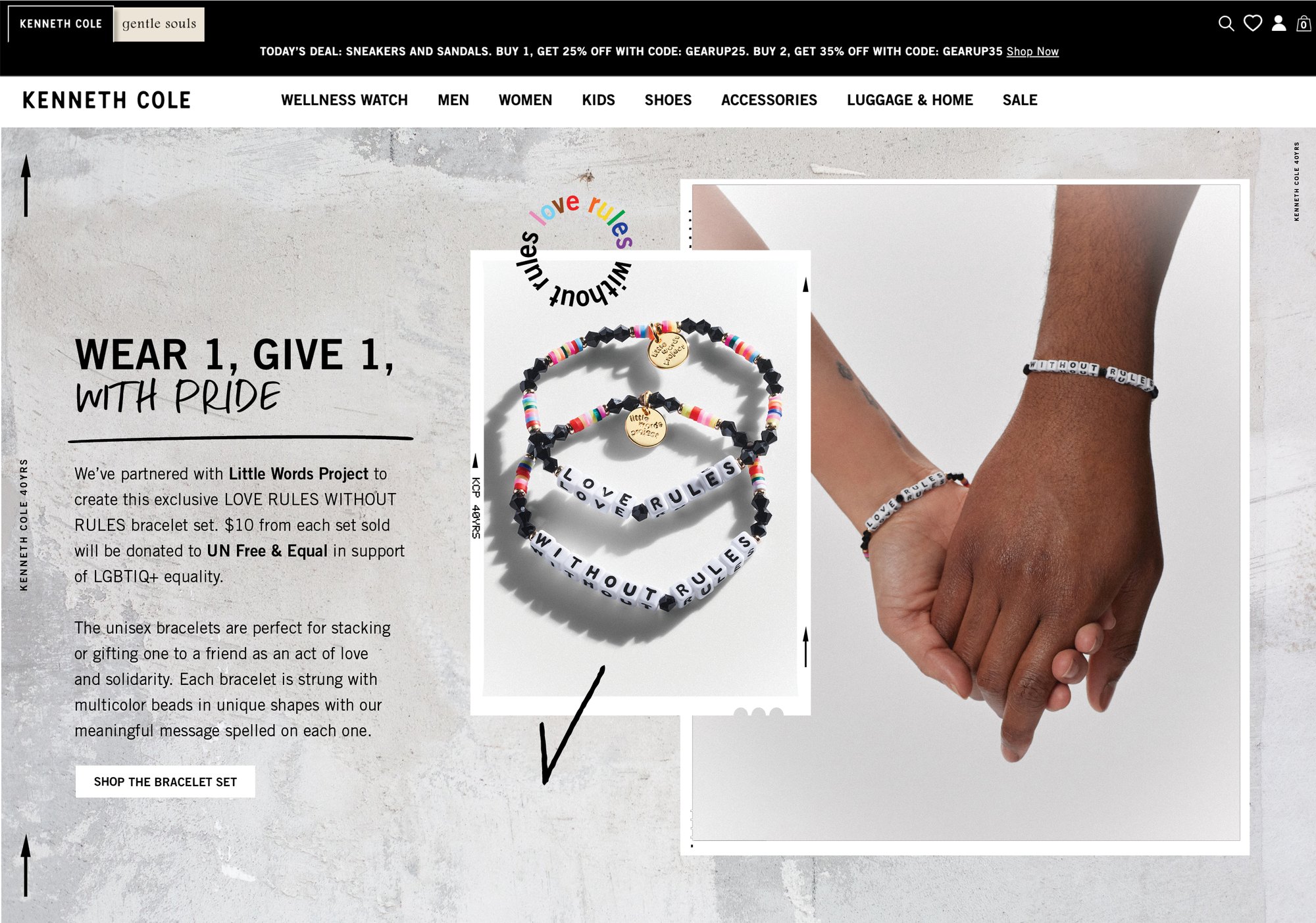 Kenneth Cole homepage: Wear 1, Give 1 with Pride, a beaded bracelet set