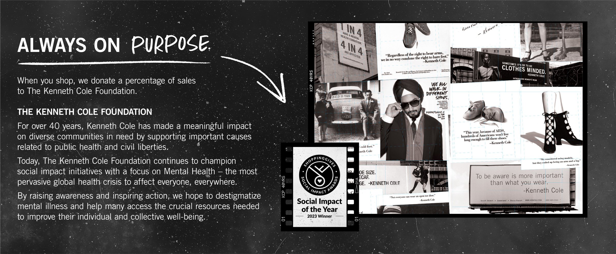 Always On Purpose landing page: the Kenneth Cole Foundation story beside a collage of archive Kenneth Cole ads