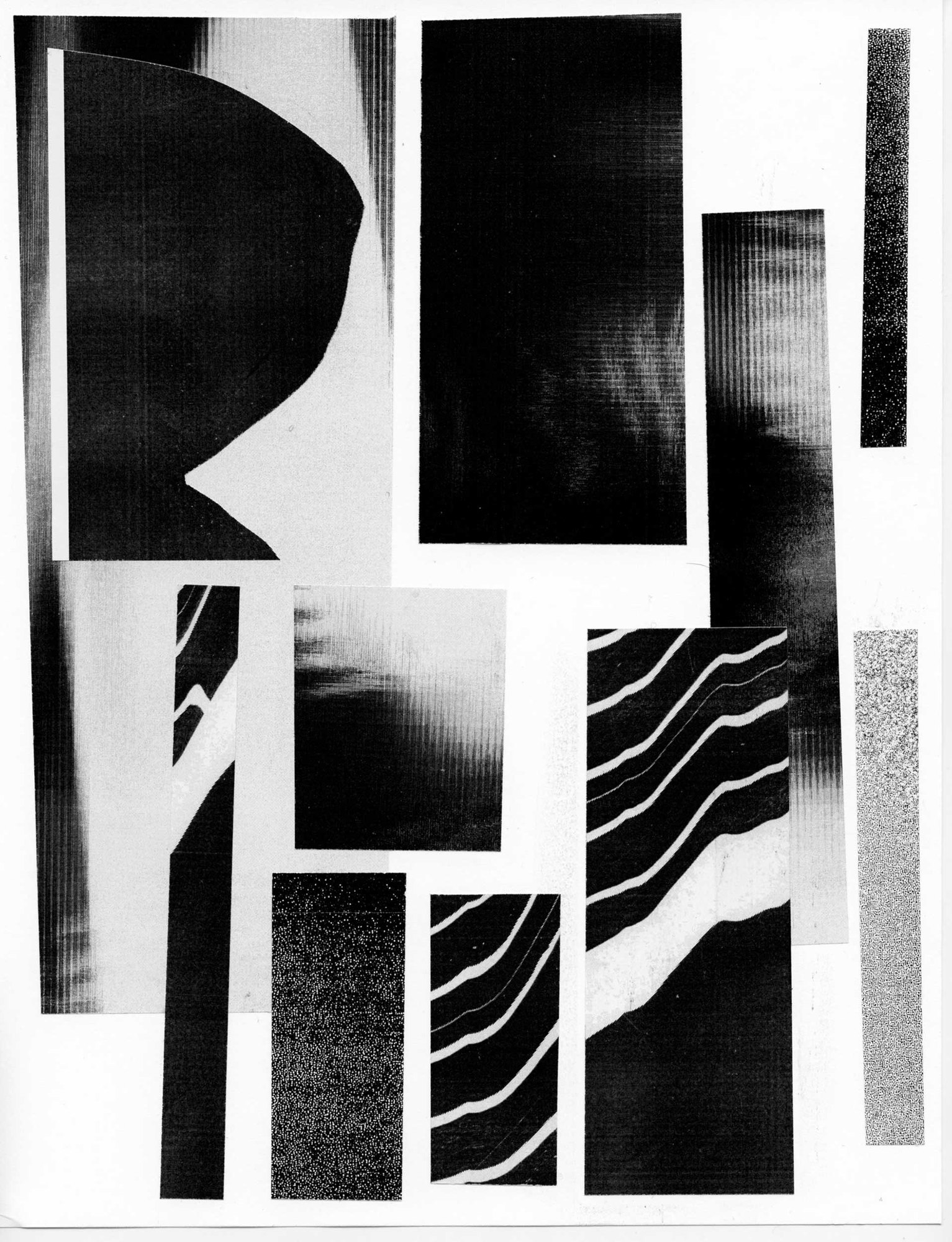 Xerox collage: cut black shapes and stripes on white