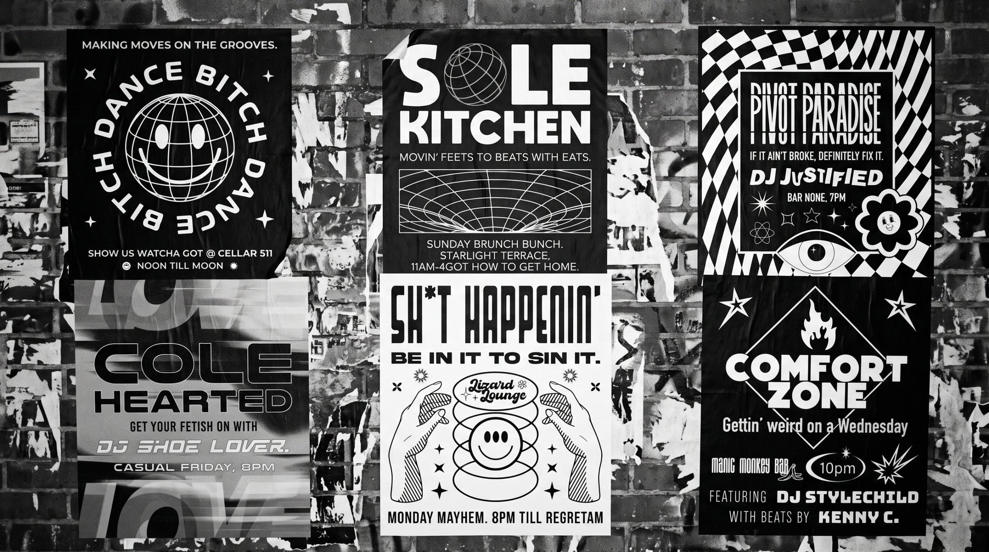 Six black-and-white club flyers pasted on a brick wall