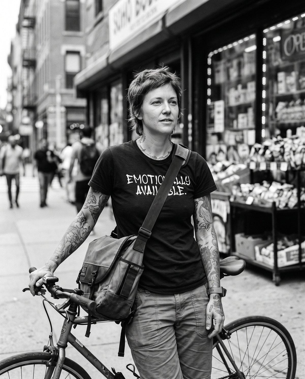 A bike messenger in an Emotionally Available tee