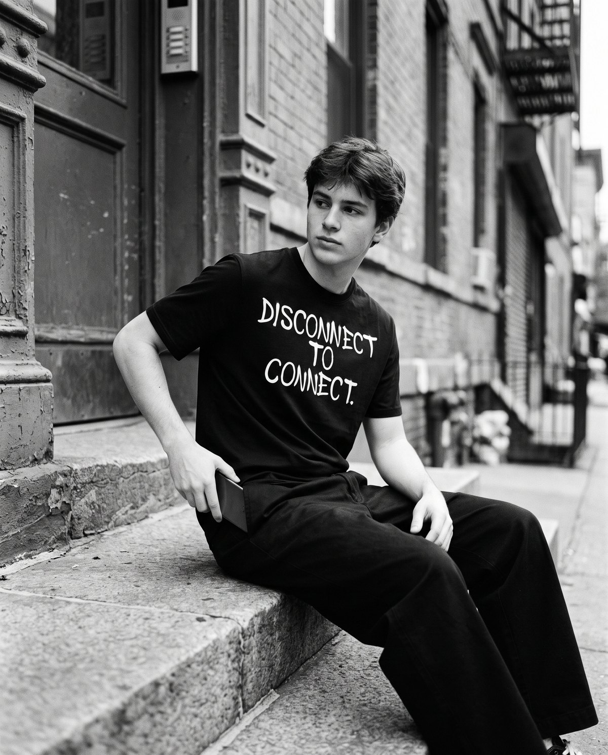 A young man on a stoop in a Disconnect to Connect tee