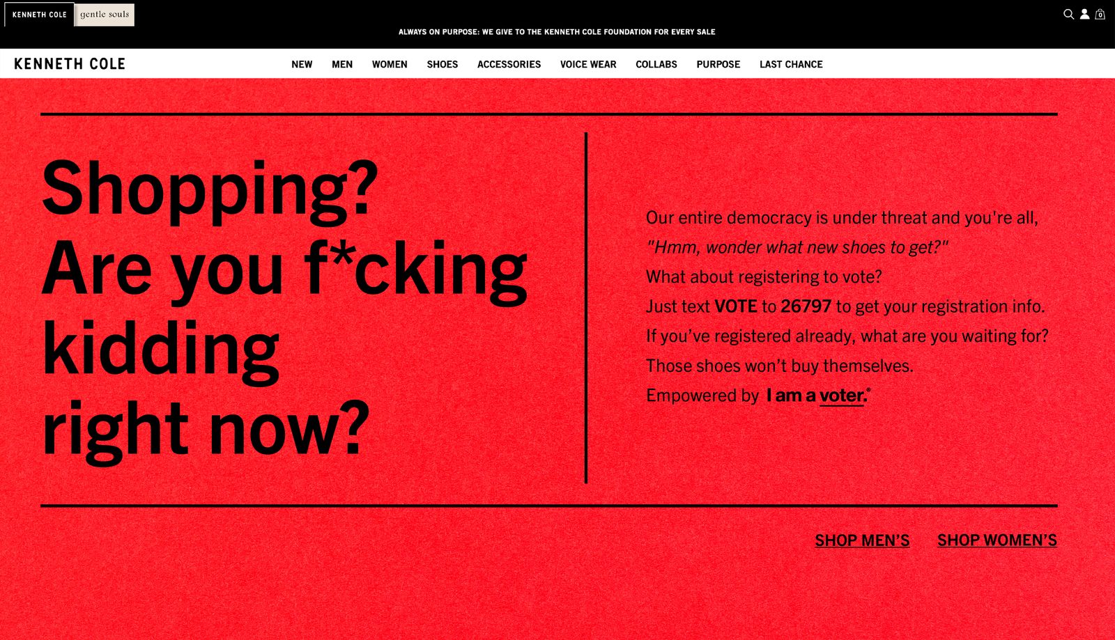 Kenneth Cole homepage in red: Shopping? Are you f*cking kidding right now?