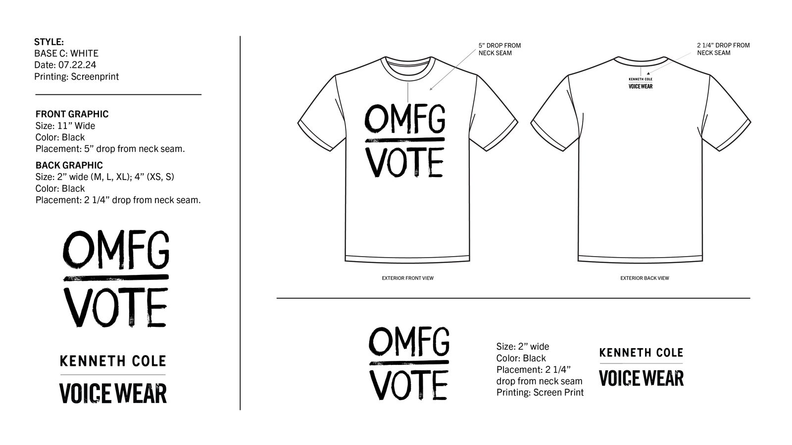 OMFG Vote tee spec sheet with the I am a voter lockup