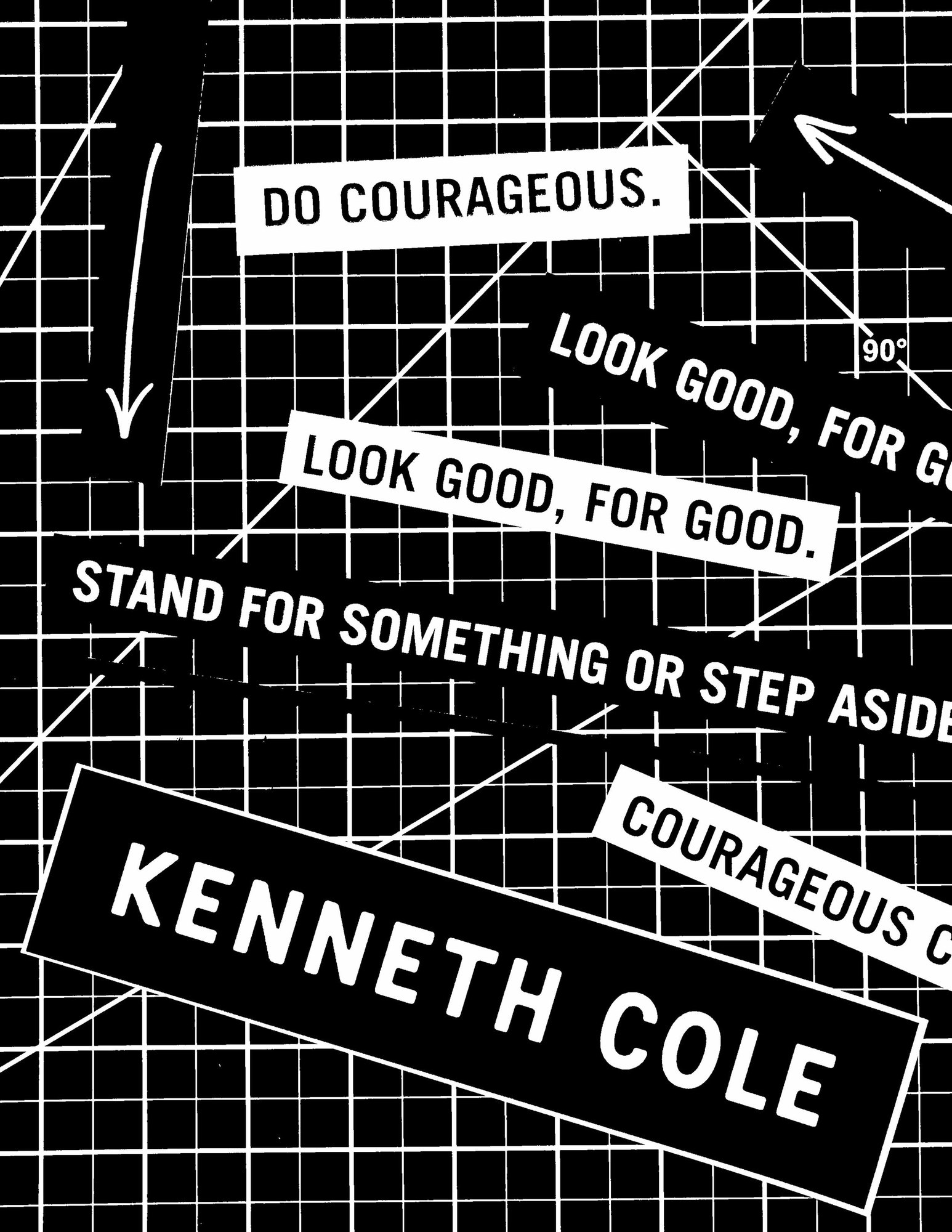 Kenneth Cole lines on cut labels over a cutting mat grid