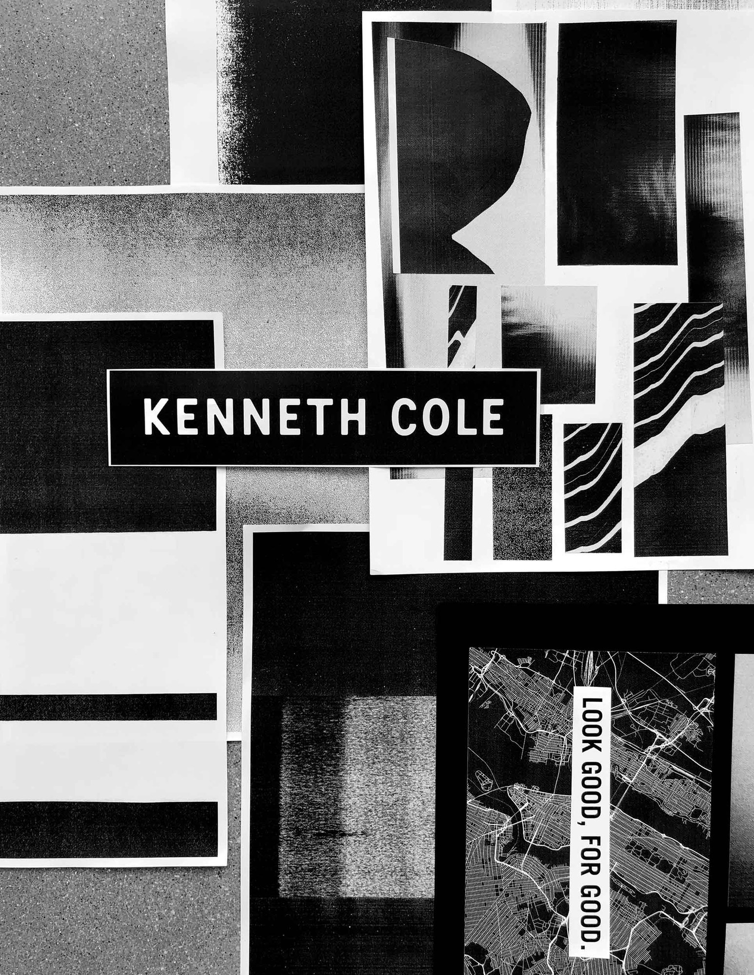 Xerox wall with a Kenneth Cole label and Look good, for good over a city map