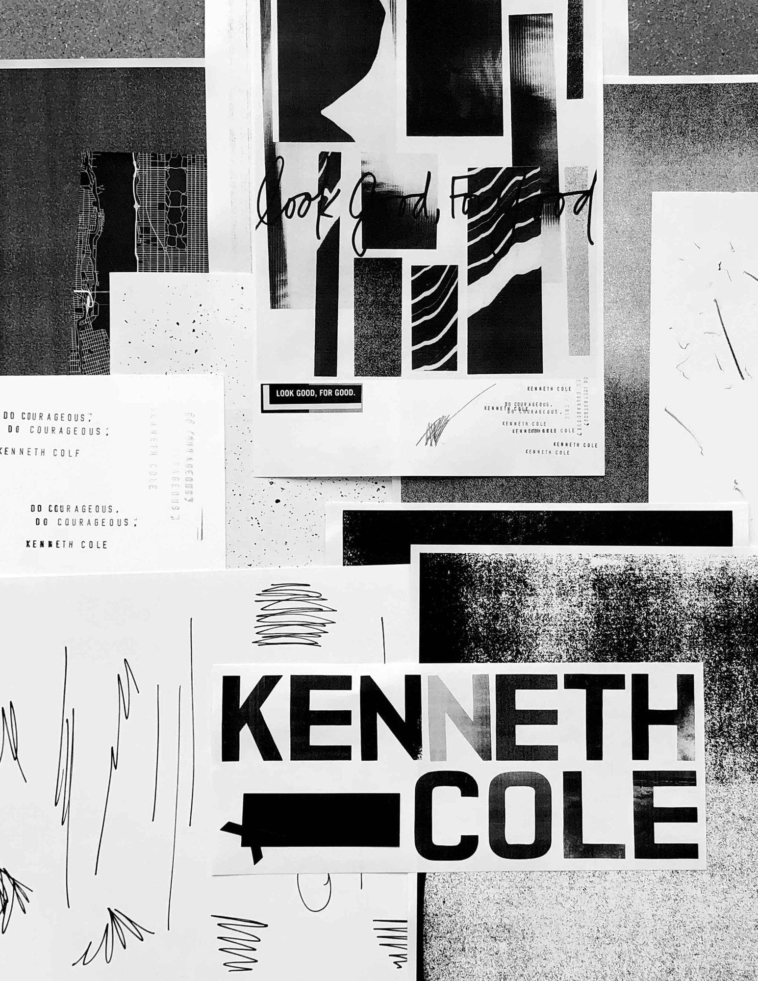 Xerox wall with Kenneth Cole in broken block letters and Look good, for good in script