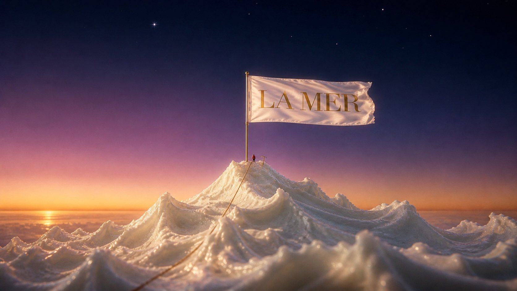 A La Mer flag on the summit at dusk