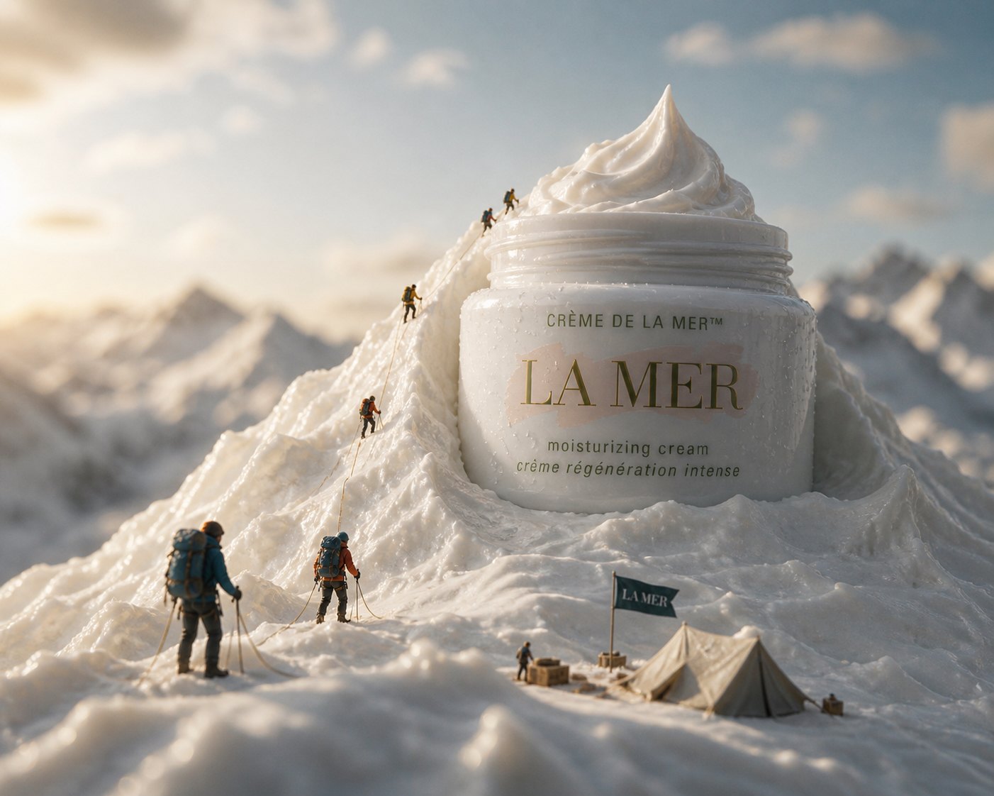 A jar of Crème de la Mer as a snow mountain, with climbers on the slope