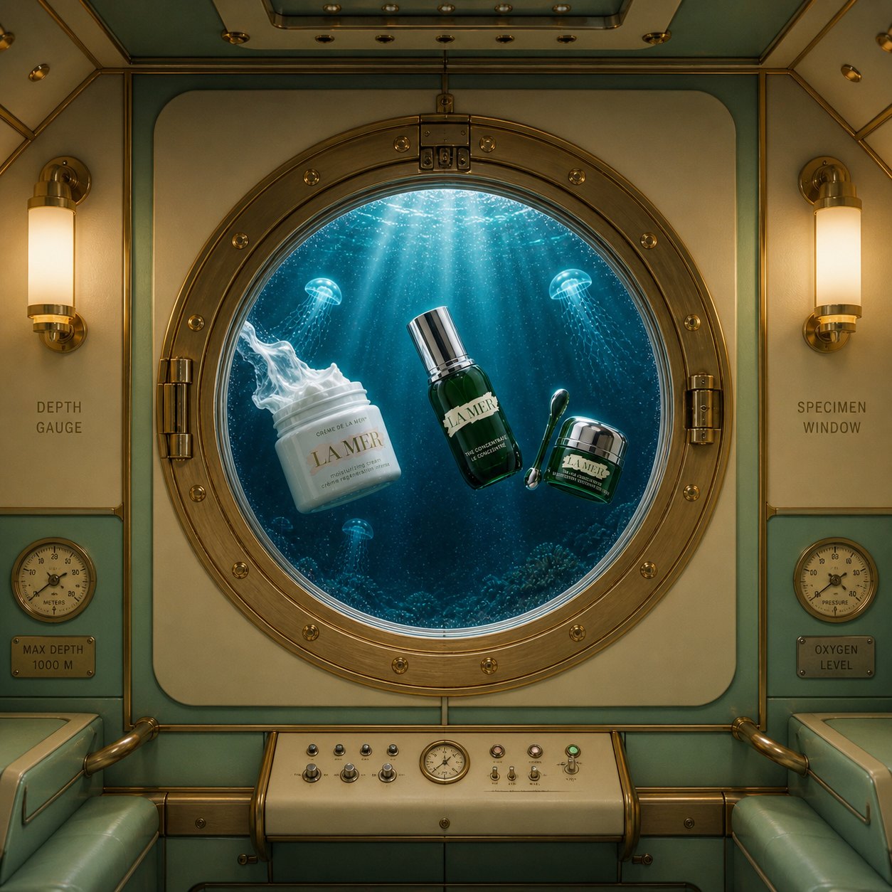 La Mer products floating past a submarine porthole